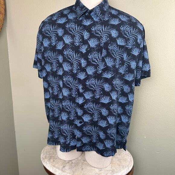 Nat Nast Men XL 70% Silk 30% Cotton Blend Button front Short sleeve Black Blue - Picture 4 of 11